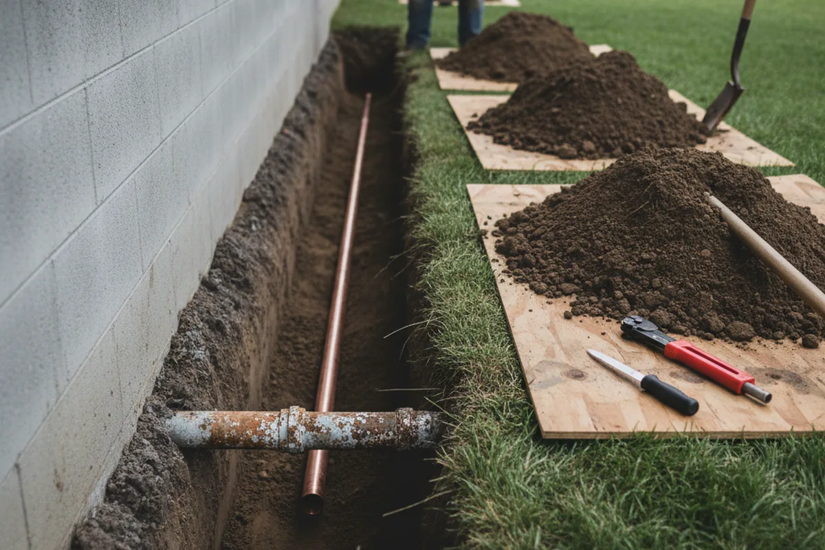 Excavated water line trench during Water Softener Installation in Laurel